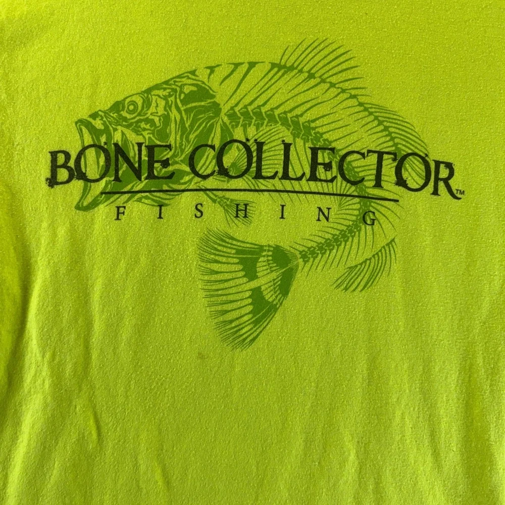 Bone Collector Fishing Shirt Mens Medium Neon Yellow Green Skeleton Fish Graphic